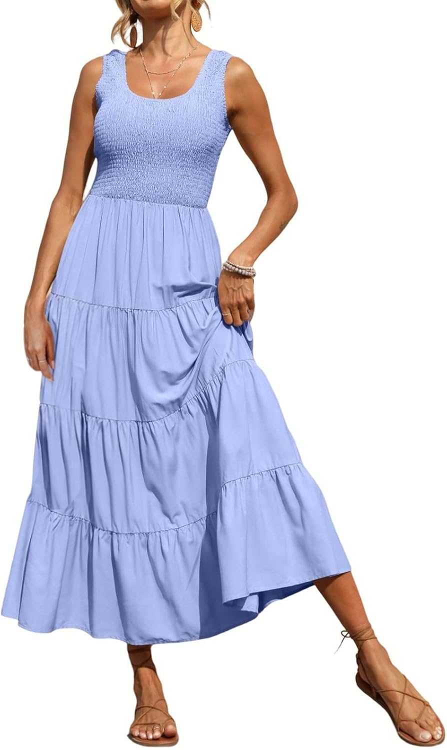 Women Summer Sleeveless Dressees Boho Maxi Dress Casual Smocked Square Neck Sundress a Line Beach Wedding Dresses