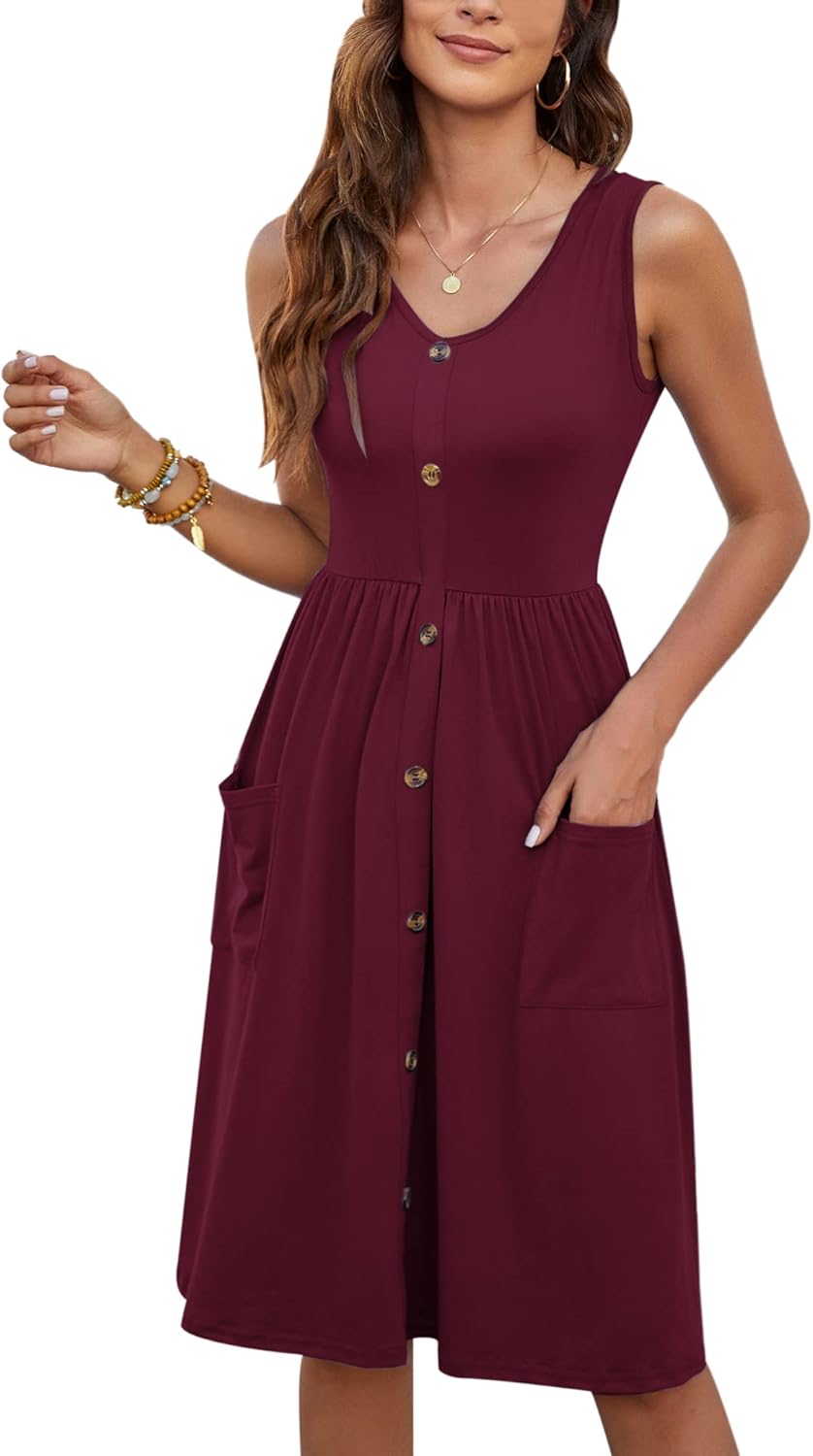 MOLERANI Women Summer Dresses Sleeveless Casual Loose Swing Button Down Midi Dress with Pockets