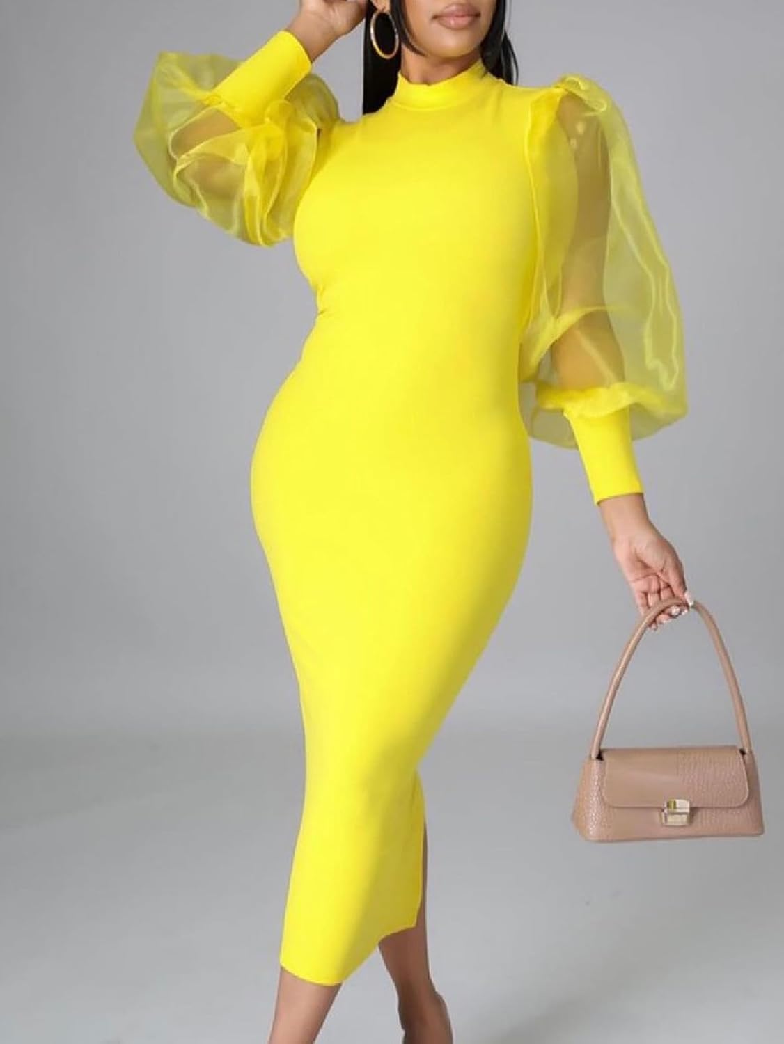 Ekaliy Women's See Through Bodycon Dress Sheer Mesh Long Puff Lantern Sleeve Dress Sexy Club Party Midi Dress Clubwear