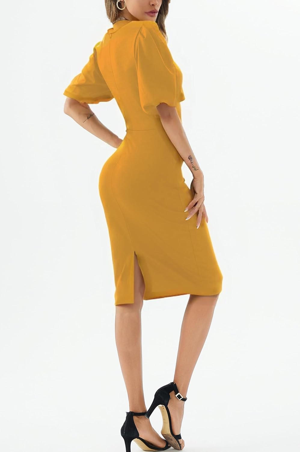 Womens Summer Dresses Square Neck Lantern Sleeve Bodycon Pencil Midi Dress