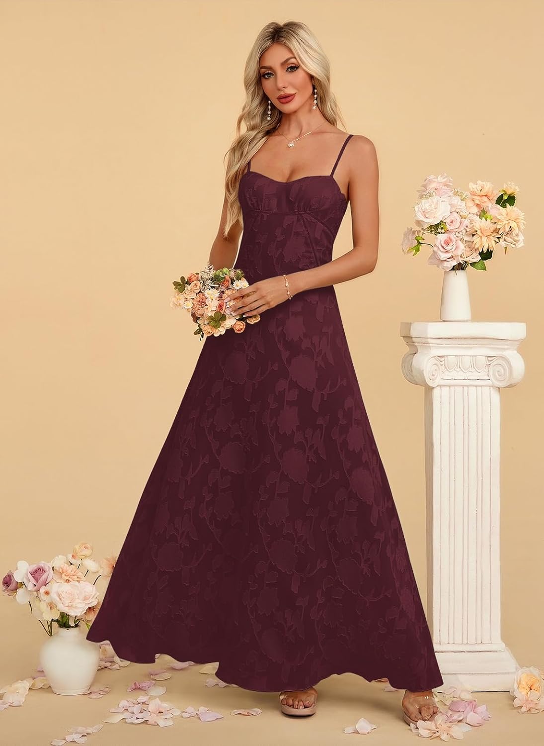 Women's Elegant Wedding Guest Dress Spaghetti Straps Floral Sleeveless Formal Dress Maxi Gown