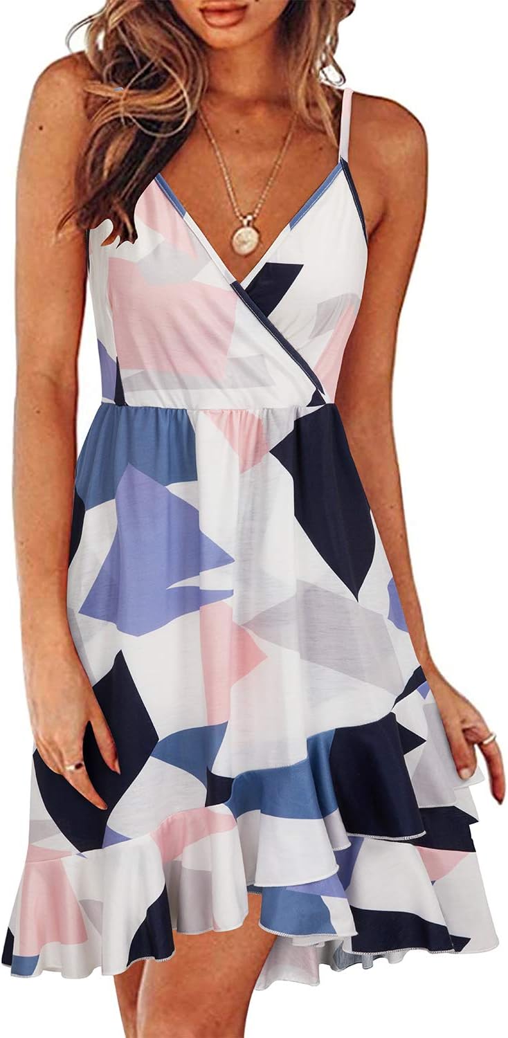ULTRANICE Womens Summer Dresses Floral V Neck Ruffled Hem Spaghetti Spring Casual Beach Outfits Flowy Wrap Sun Dress