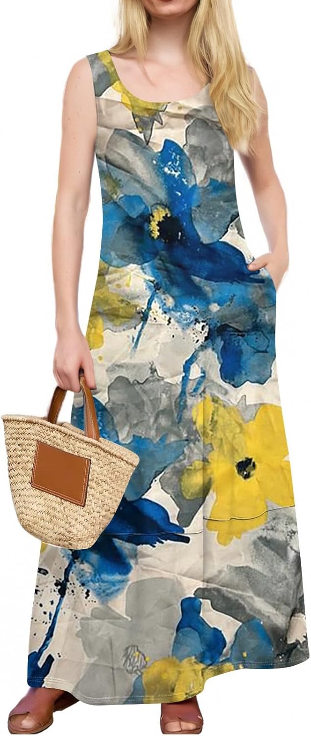 Womens Summer Tank Dress Vacation Boho Floral Long Dresses with Pockets Resort Wear Swing Beach Sleeveless Sundress