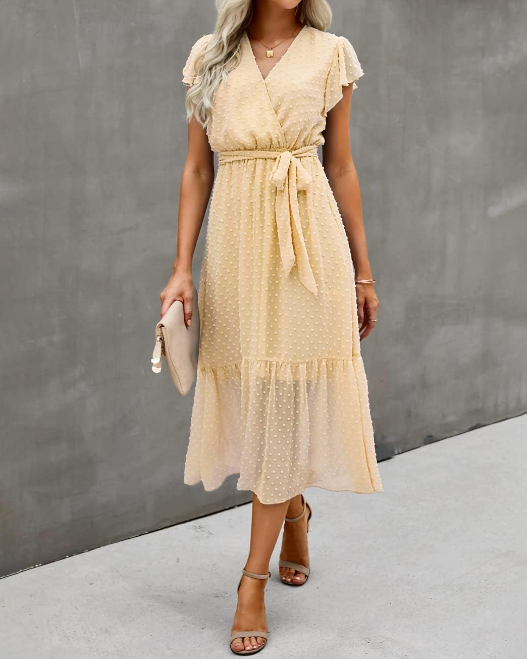 BTFBM Women Summer Bohemian Floral Casual Wrap V Neck Ruffle Cap Sleeveless Belt A-Line Pleated Hem Midi Sun Dress White