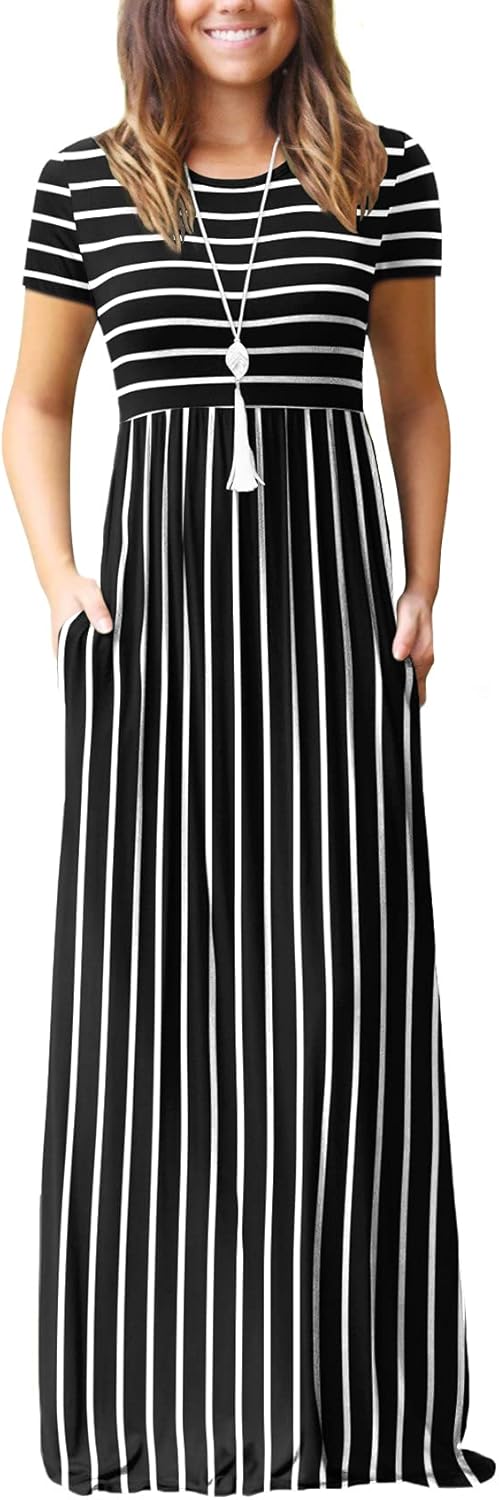 DEARCASE Maxi Dress for Women Short Sleeve Casual Summer Loose Plain Comfy Long Dresses with Pockets