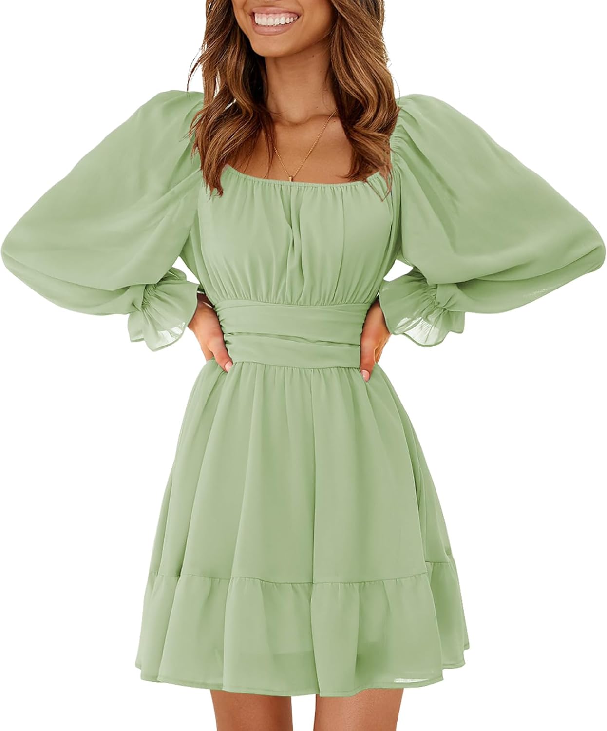 EXLURA Women's 2025 Casual Long Lantern Sleeve Dresses Square Neck Ruffle Tie Back Elastic Waist Aline Short Mini Dress