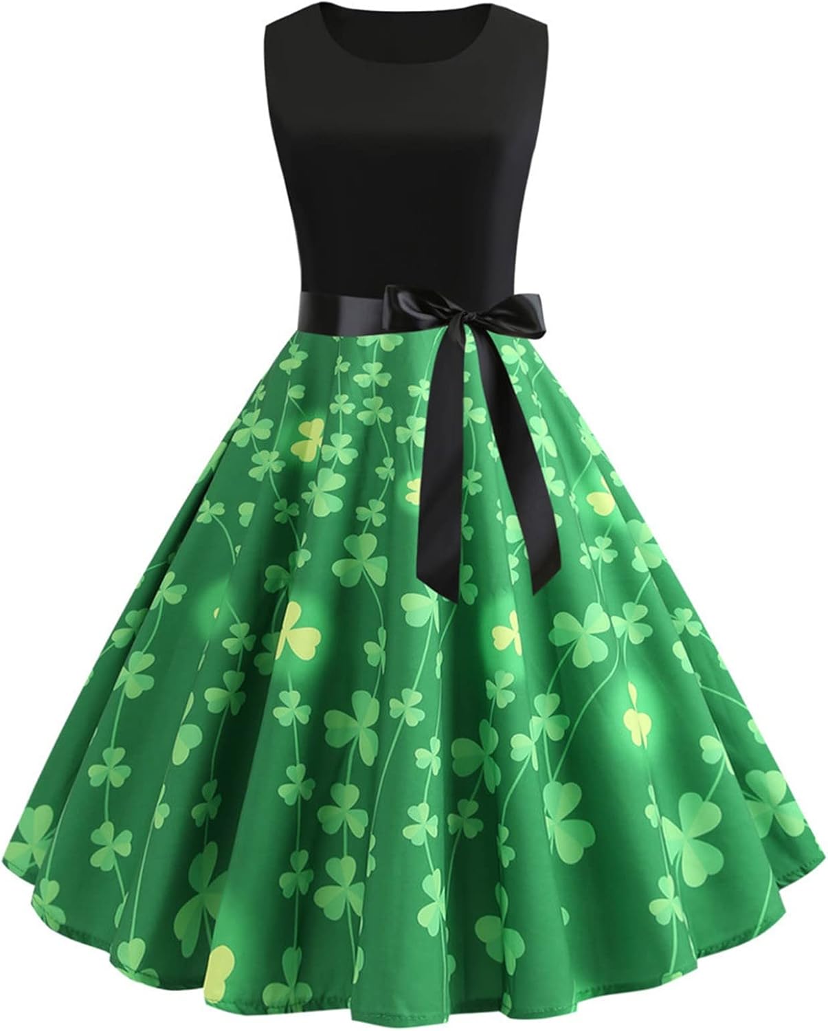 aihihe St Patricks Day Dress for Women A Line Pleated Hepburn Dress Lukcy Shamrock Print Irish Dress 2024 Vintage Dress