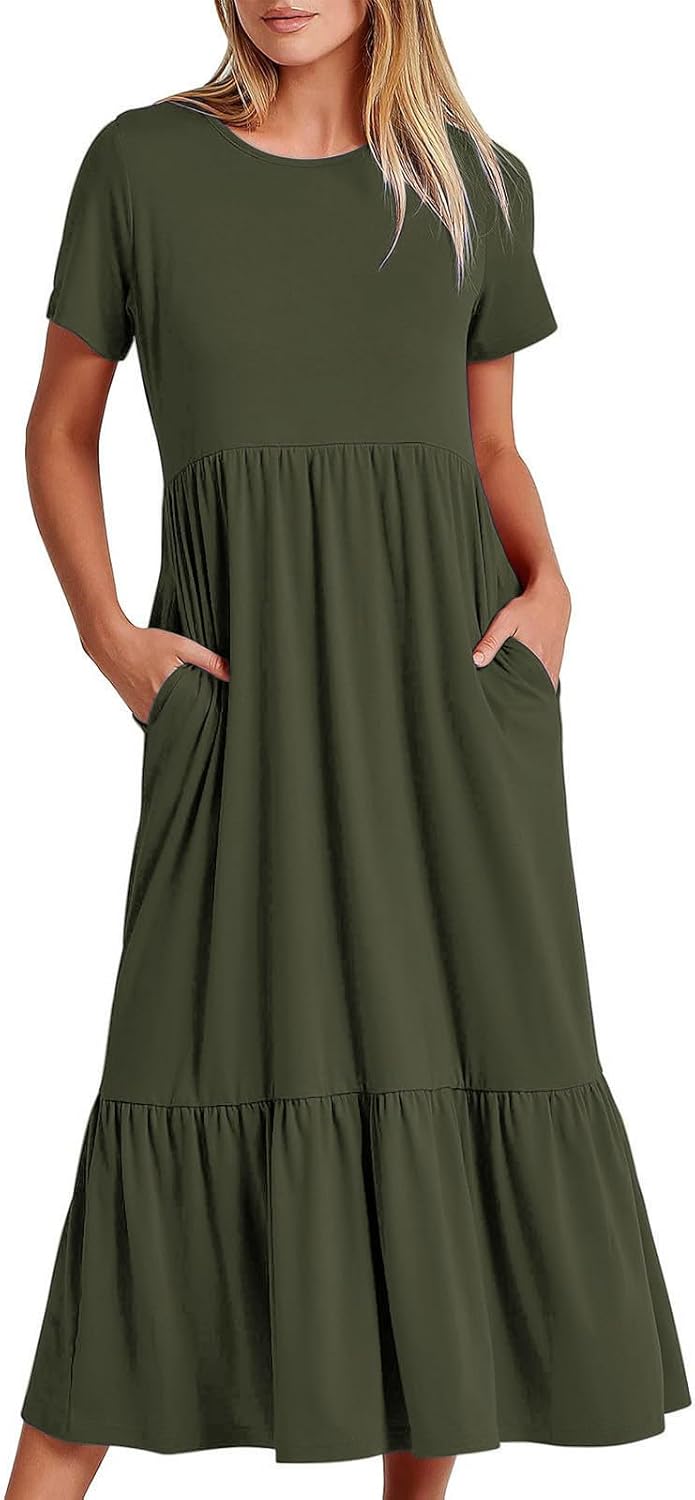 XUNRYAN Summer Dresses for Women 2024 Casual Calf Length Maxi Dress Pleated Flowy Tiered Swing Beach Sundress with Pockets