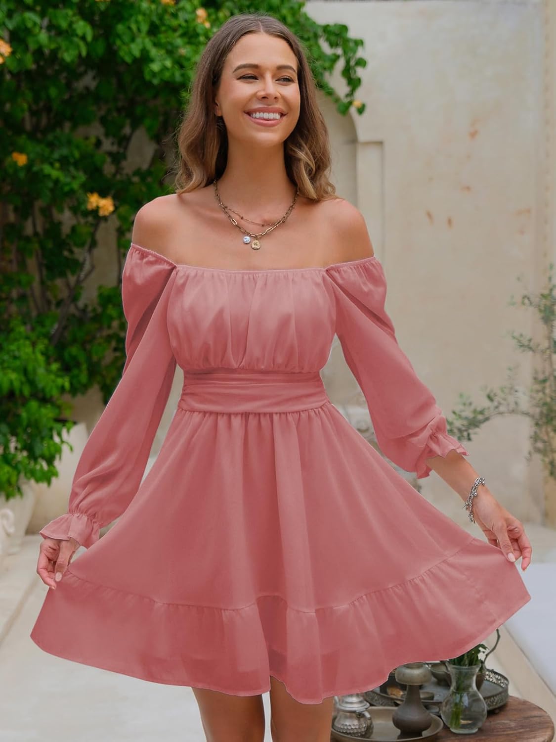 EXLURA Women's 2025 Casual Long Lantern Sleeve Dresses Square Neck Ruffle Tie Back Elastic Waist Aline Short Mini Dress