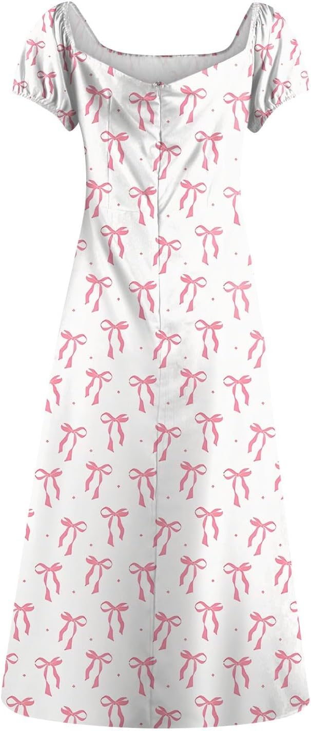 Women's Sundresses 2025 Summer Casual Loose Trendy Bubble Sleeve Square Neck Split Bow Floral Print Dress Plus Size, XS-3XL