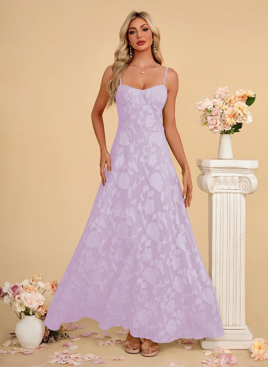 Women's Elegant Wedding Guest Dress Spaghetti Straps Floral Sleeveless Formal Dress Maxi Gown