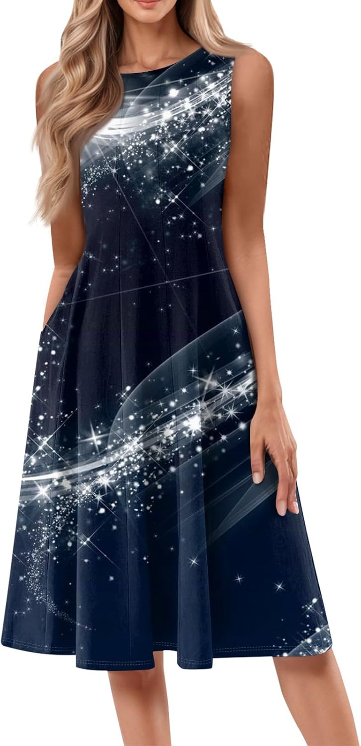Womens Tank Sundress 2025 Casual Floral Print Tshirt Dress Swing Sleeveless Midi Dress Crewneck Pleated Summer Dresses