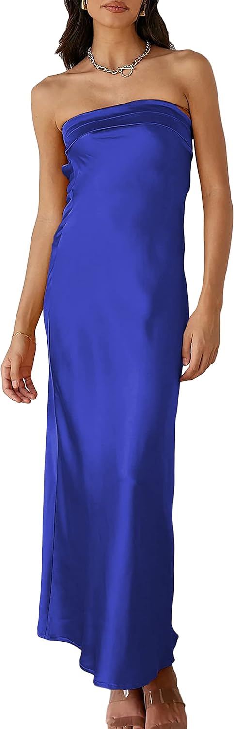Realtix Satin Silk Backless Tube Tops Maxi Dress for Women Low Back Hollow Out Elegant Strapless Long Dresses Wedding Guest