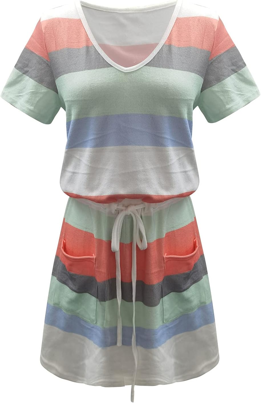 Women Summer Casual Striped Dress Drawstring Waist Tie Knot Mini Dresses Short Sleeve V Neck Tank Dress with Pocket
