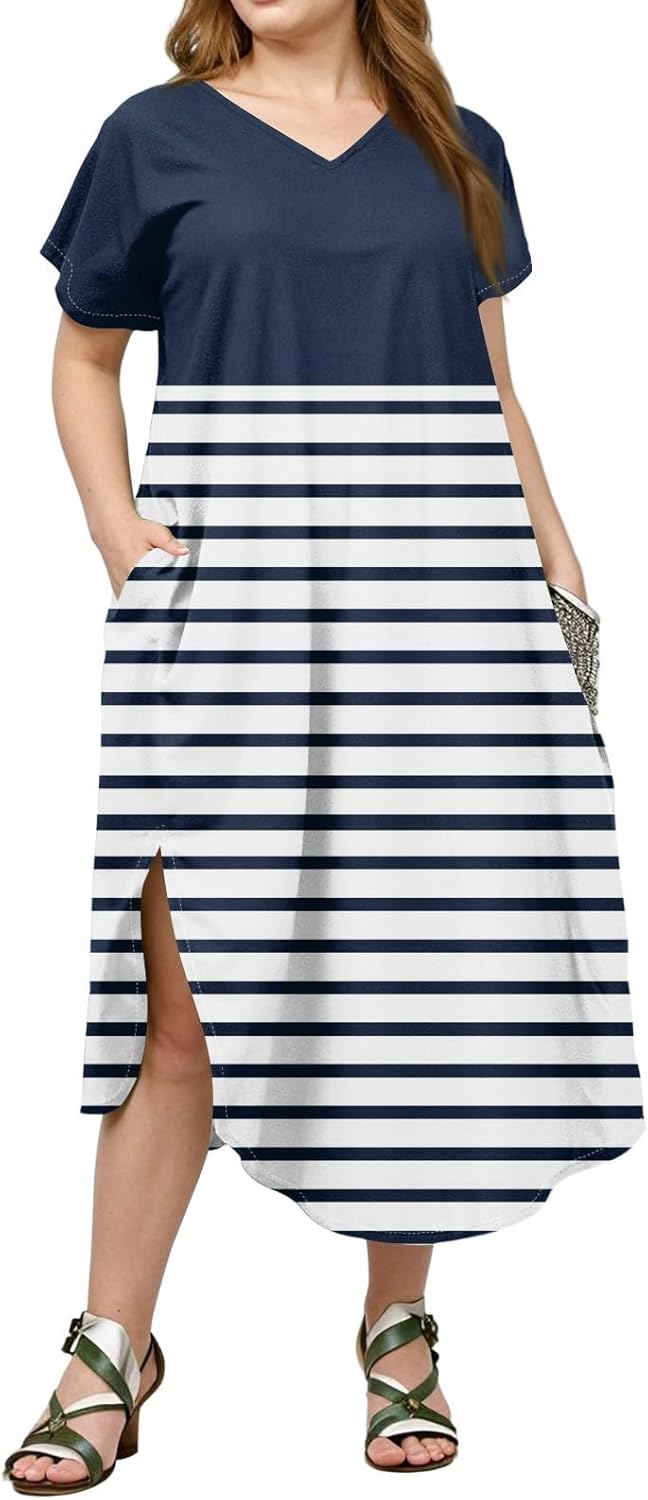 Maxi Dresses for Women 2025 Plus Size Tie Dye V Neck Dress Short Sleeve Side Split Beach Summer Sundress with Pocket