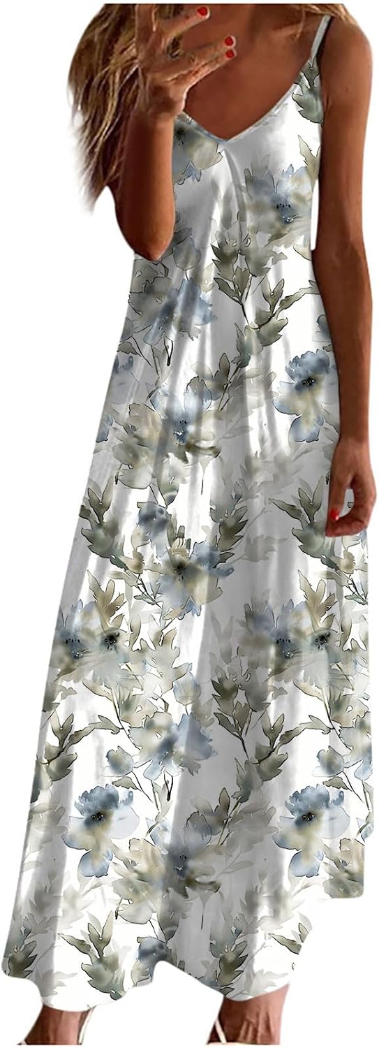 Womens Floral Maxi Dresses Spaghetti Strap Casual Summer Long Dress Vneck Flowy Boho Beach Sundress Vacation Outfits