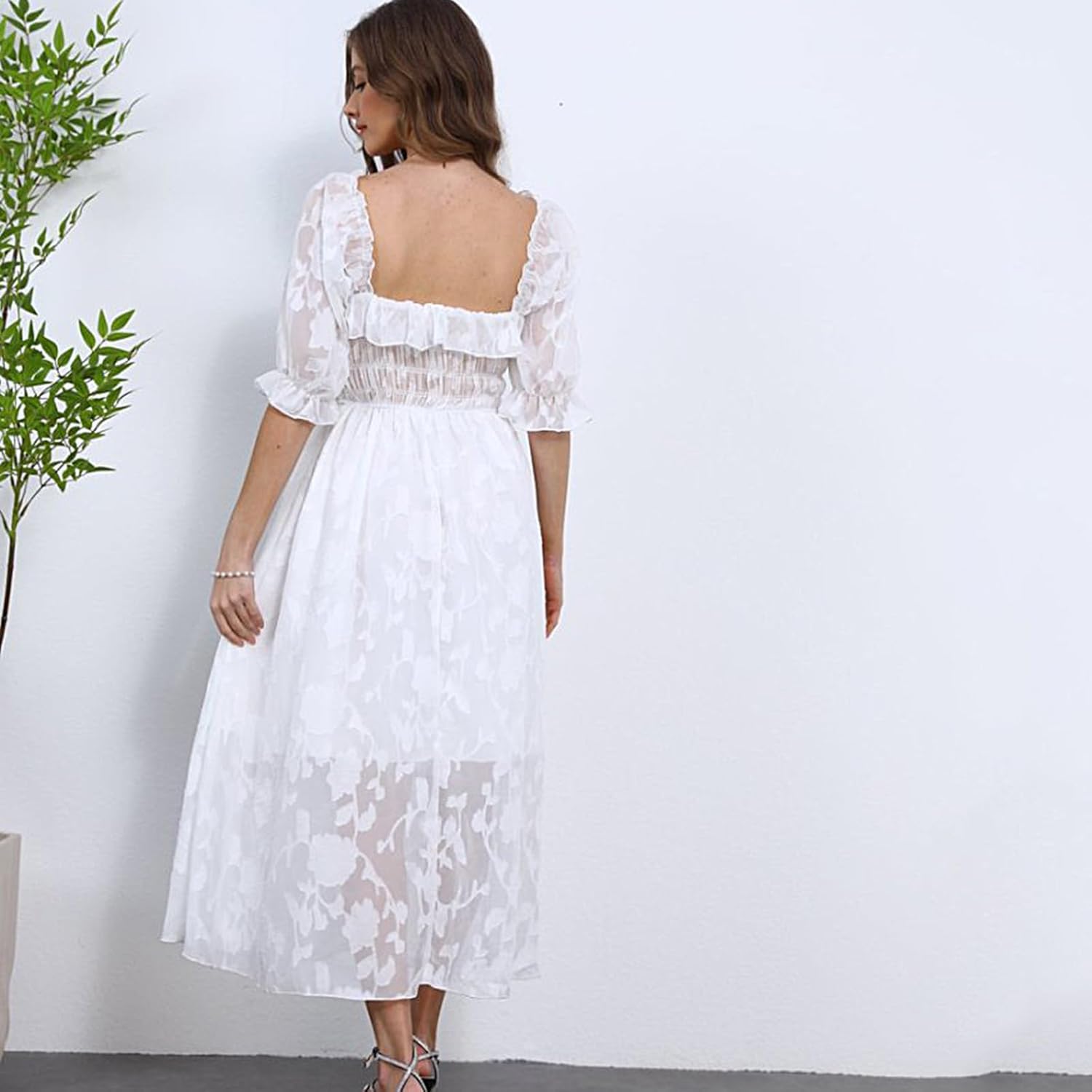 Women Floral Easter Spring Summer Dress Square Neck Chiffon Boho 2025 Maxi Long Wedding Guest Bridal Shower Dresses