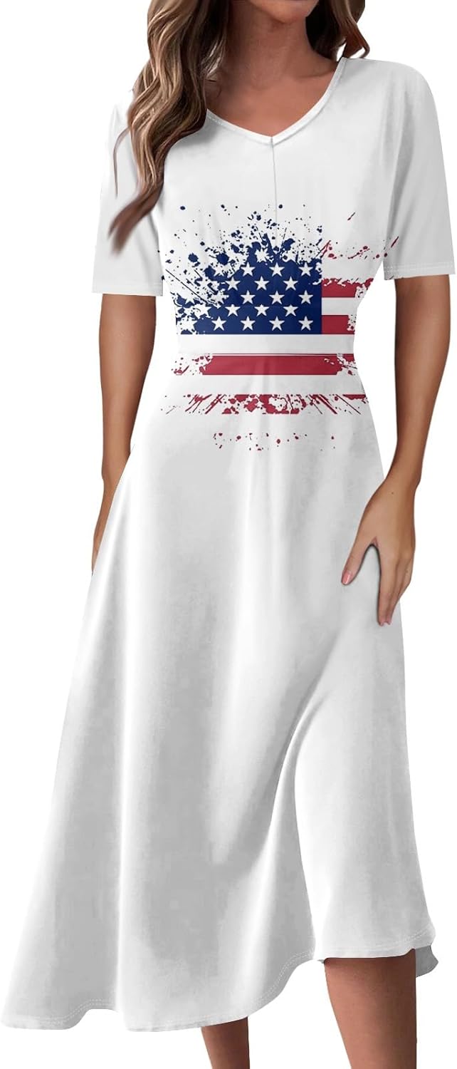 Women's Patriotic Star Print Midi Short Sleeve V-Neck Casual A-Line Dress for Summer Parties & Events
