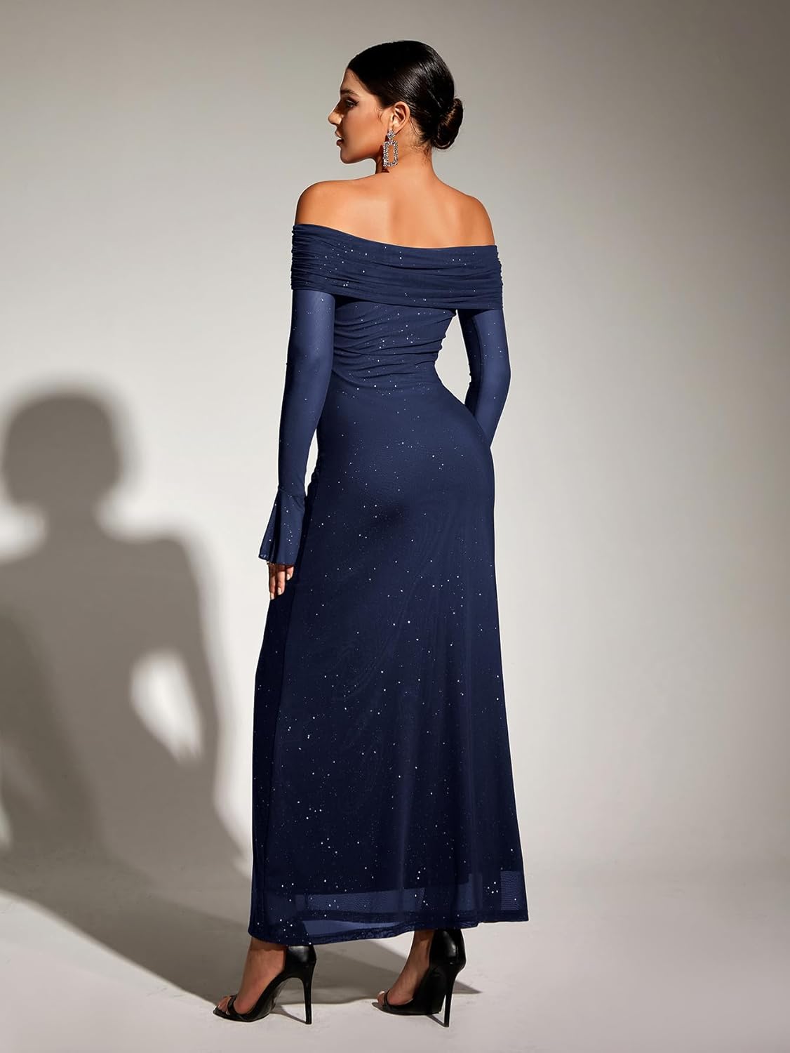 KUTUMAI Women Off Shoulder Bodycon Maxi Dress Long Sleeve Mesh Ruched Party Formal Wedding Guest Dresses