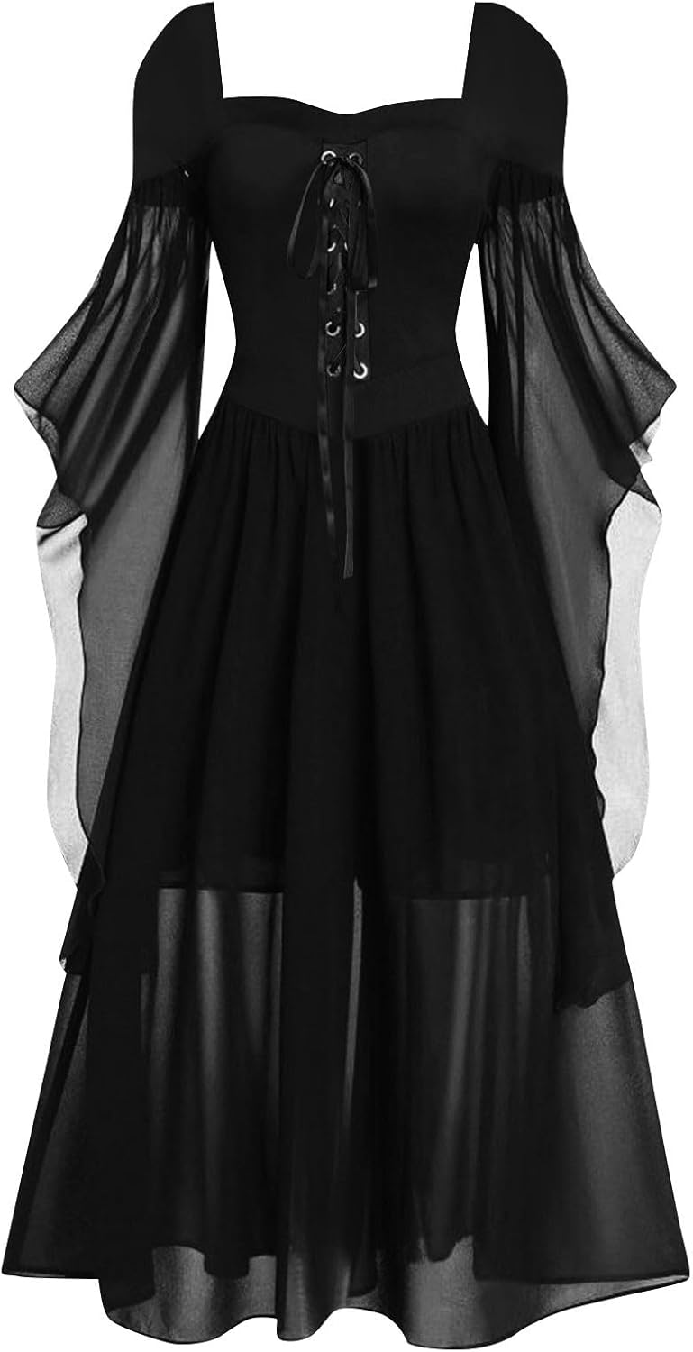 Women Casual Cold Shoulder Dress Solid Color Lace Butterfly Sleeve Halloween Retro Cocktail Party Gothic Prom Dress