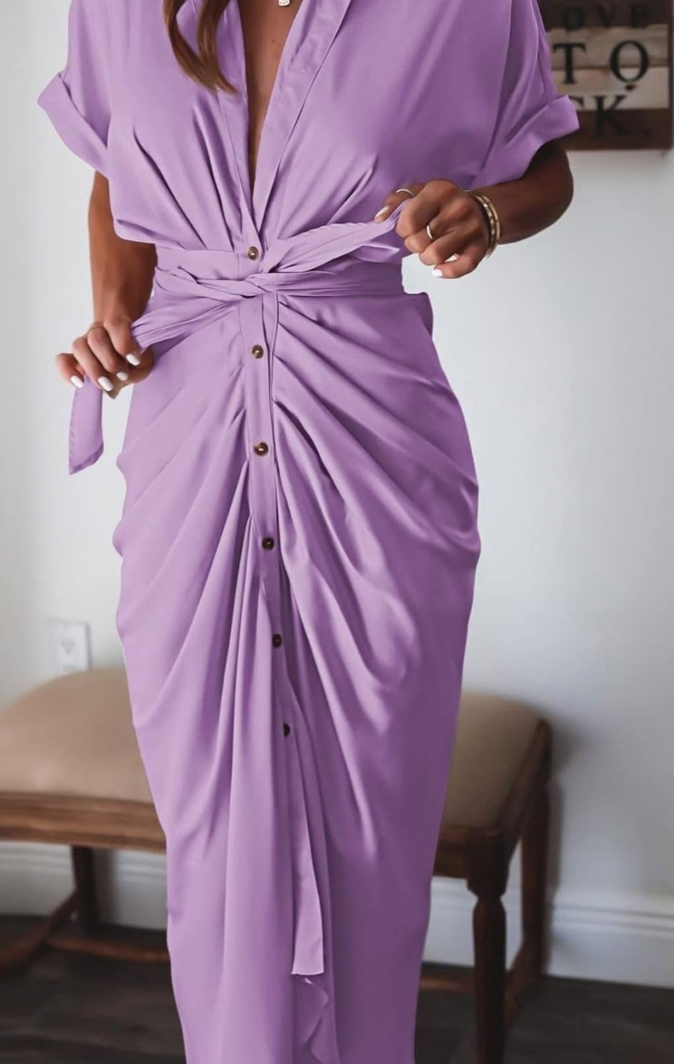 Women's Swing Classic Cute Maxi Ruched Breathable Shirt Dresses Bownot Slim Fitted Dress
