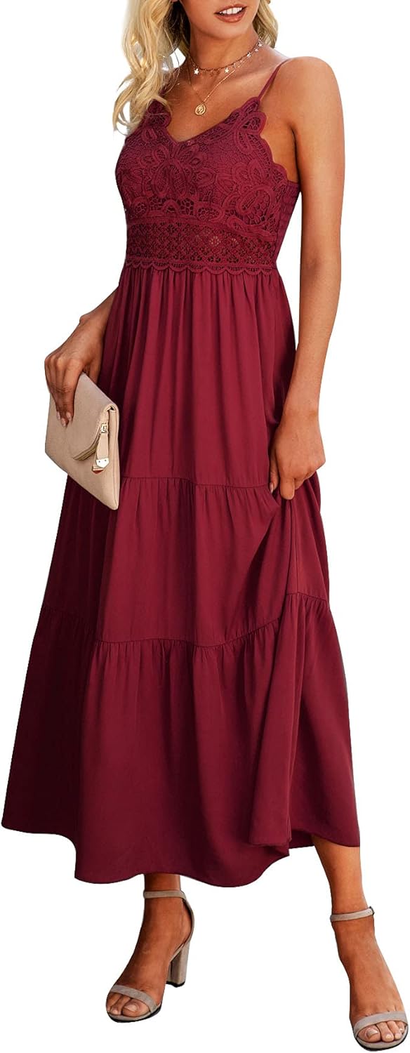 Dokuritu Women's Beach Crochet Lace Maxi Dress Solid Color Summer Vacation Spaghetti Strap Long Dress 2024