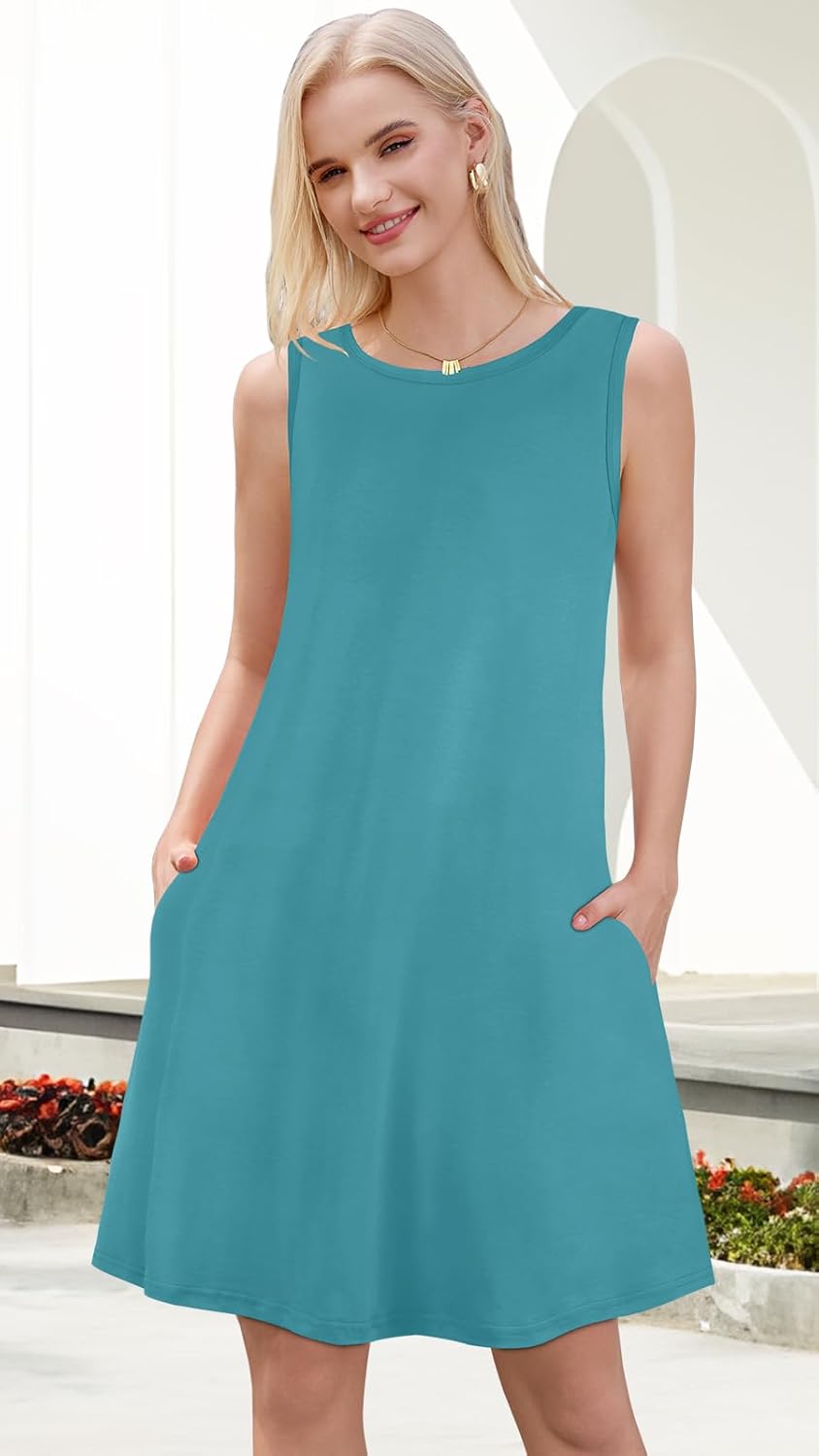 Summer Dresses for Women Beach Boho Sleeveless Vintage Floral Flowy Pocket Tshirt Tank Sundresses