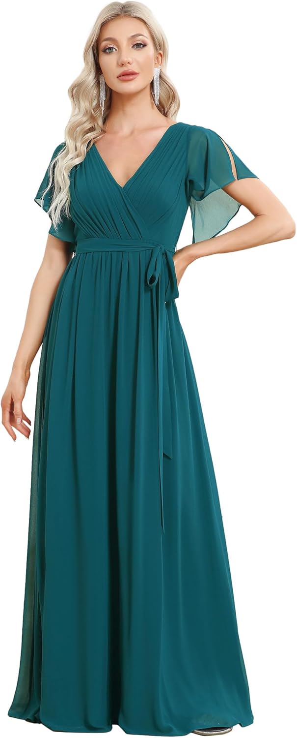 Ever-Pretty Women's Bridesmaid Dress V-Neck Ruffle Sleeves Ruched Bust Floor Length Chiffon Formal Dresses 0164A