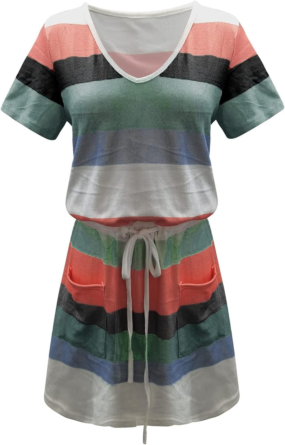 Women Summer Casual Striped Dress Drawstring Waist Tie Knot Mini Dresses Short Sleeve V Neck Tank Dress with Pocket