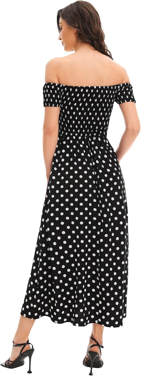 Floerns Women's Boho Floral Print Off Shoulder Split Long A Line Dress