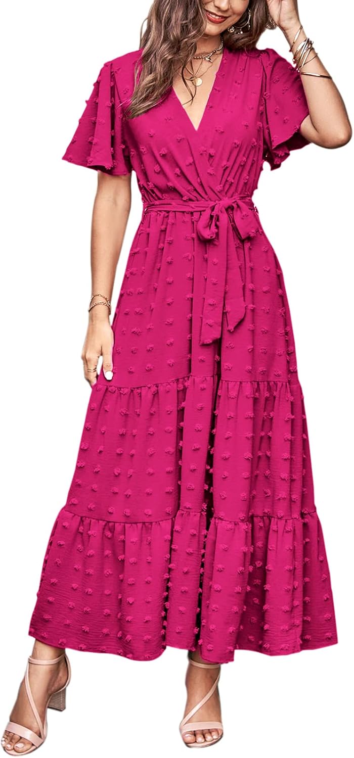 MASCOMODA Womens Boho Swiss Dot Maxi Dresses Wrap V Neck Flutter Short Sleeve Solid Tie Belt A Line Tiered Flowy Long Dress