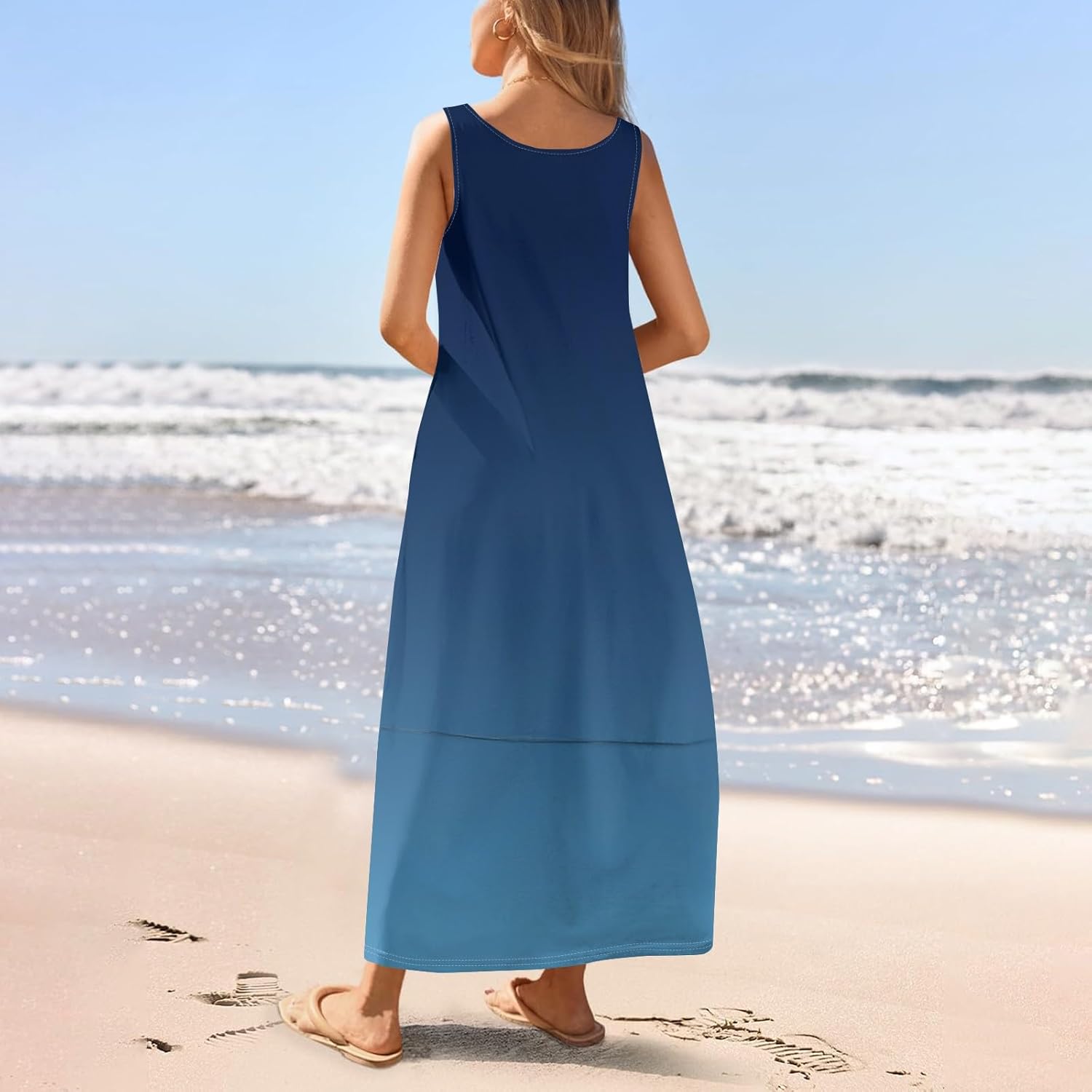 Womens Summer Tank Dress Vacation Boho Floral Long Dresses with Pockets Resort Wear Swing Beach Sleeveless Sundress
