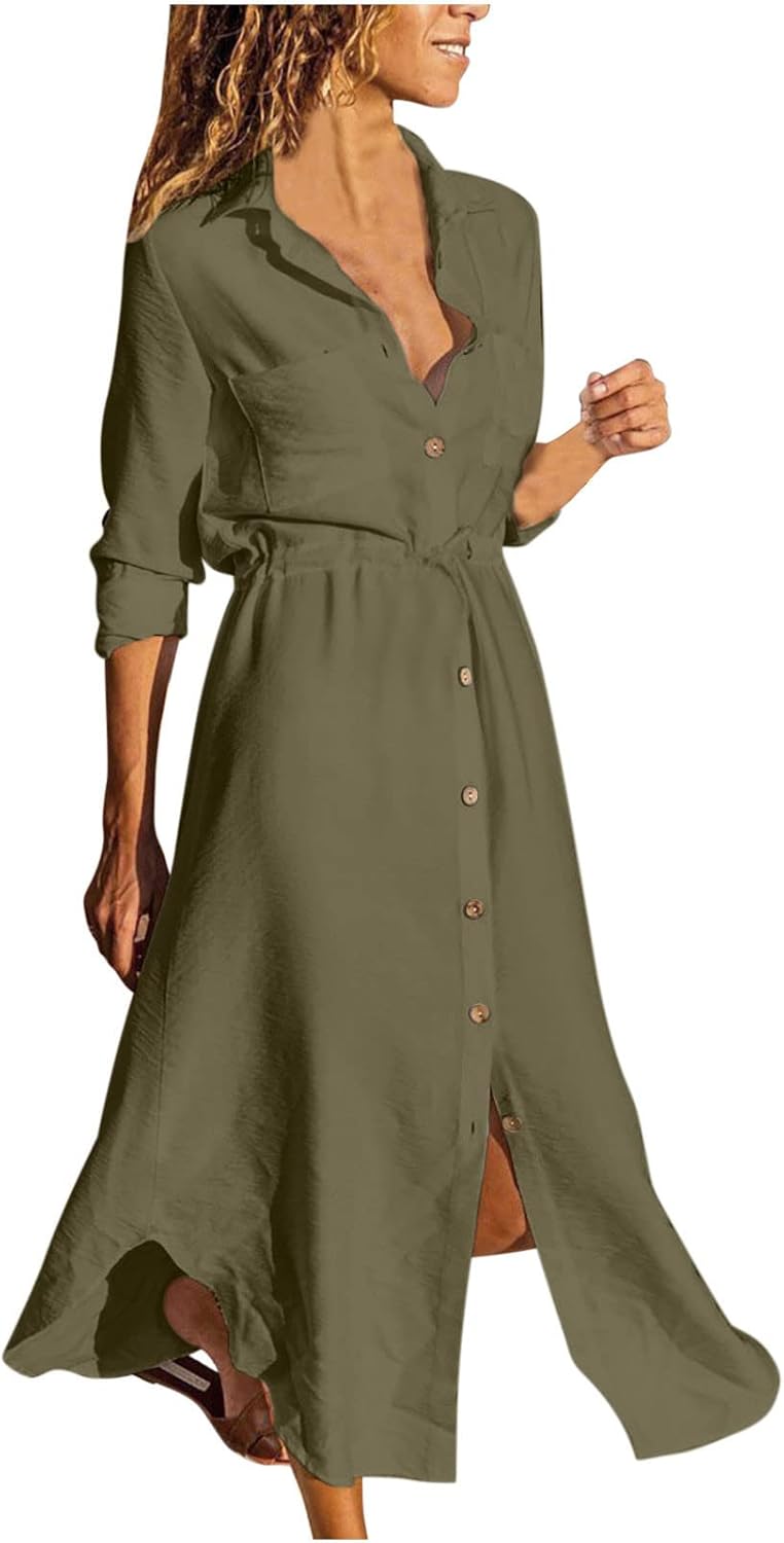 Women's Maxi Shirt Dresses Solid Cotton Linen Button Lapel Long Sleeves Summer Irregular Hem Daily Casual Sundress