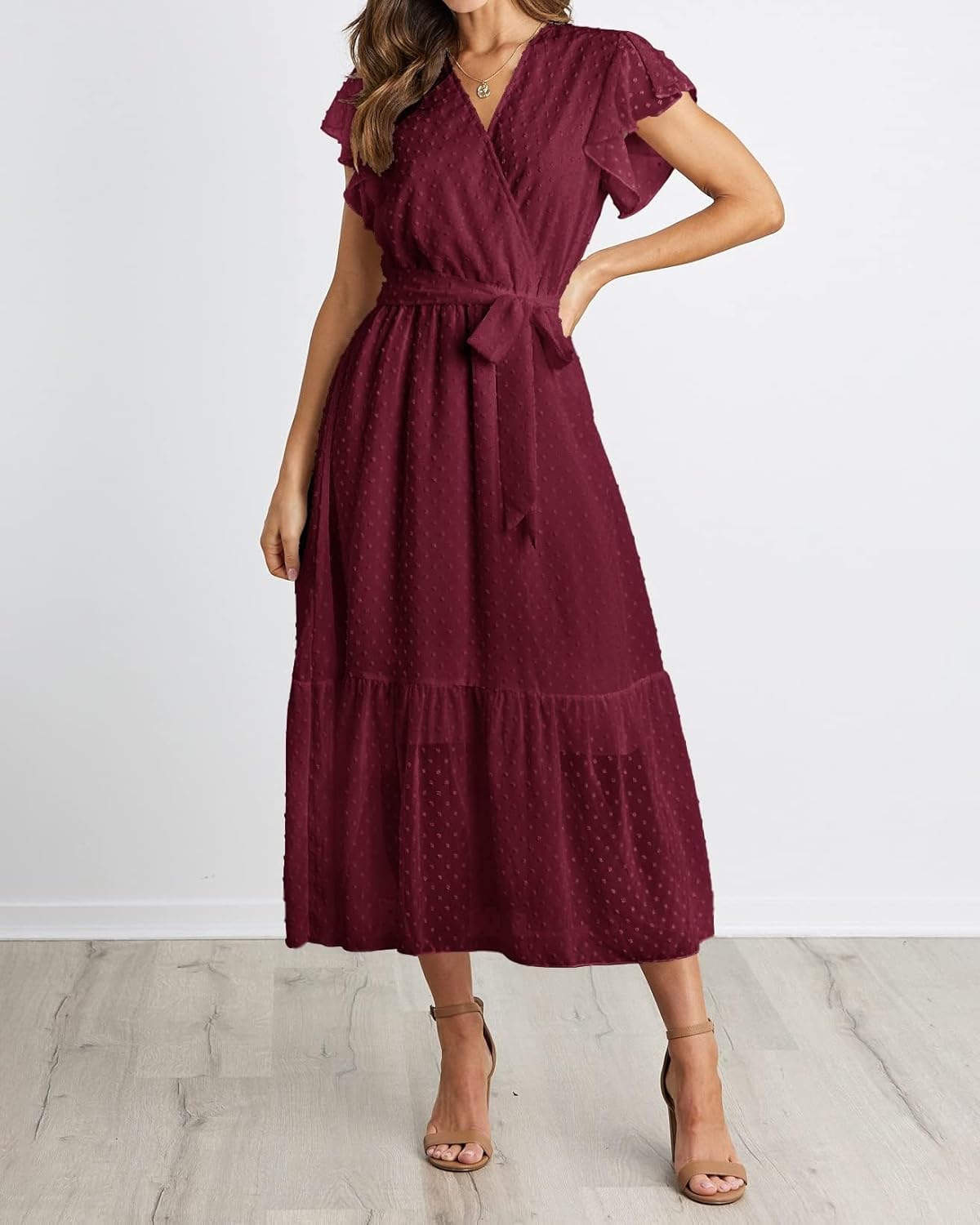 BTFBM Women Summer Bohemian Floral Casual Wrap V Neck Ruffle Cap Sleeveless Belt A-Line Pleated Hem Midi Sun Dress White