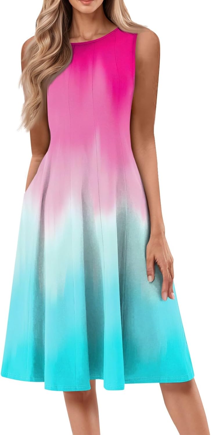 Womens Tank Sundress 2025 Casual Floral Print Tshirt Dress Swing Sleeveless Midi Dress Crewneck Pleated Summer Dresses