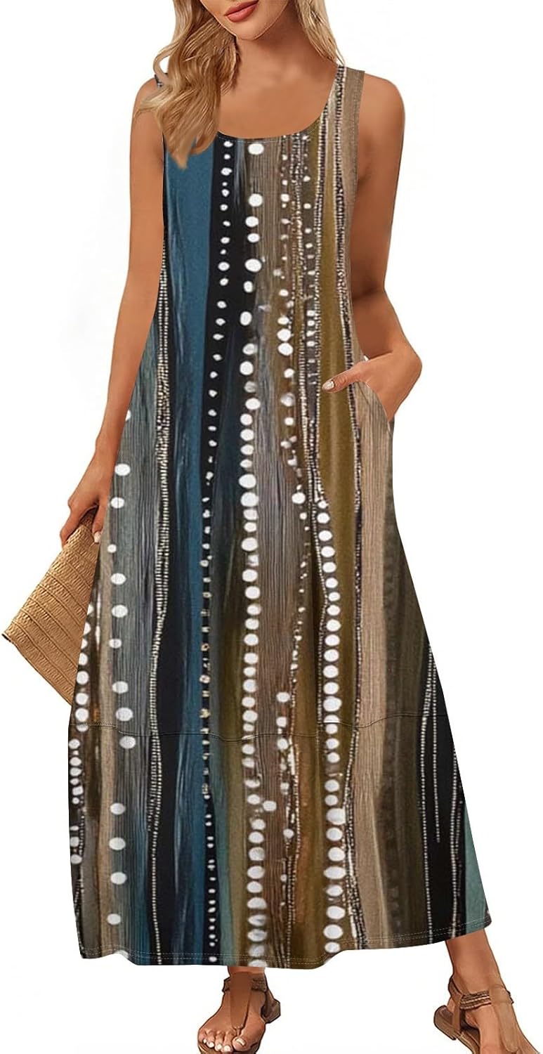 Womens Summer Tank Dress Vacation Boho Floral Long Dresses with Pockets Resort Wear Swing Beach Sleeveless Sundress
