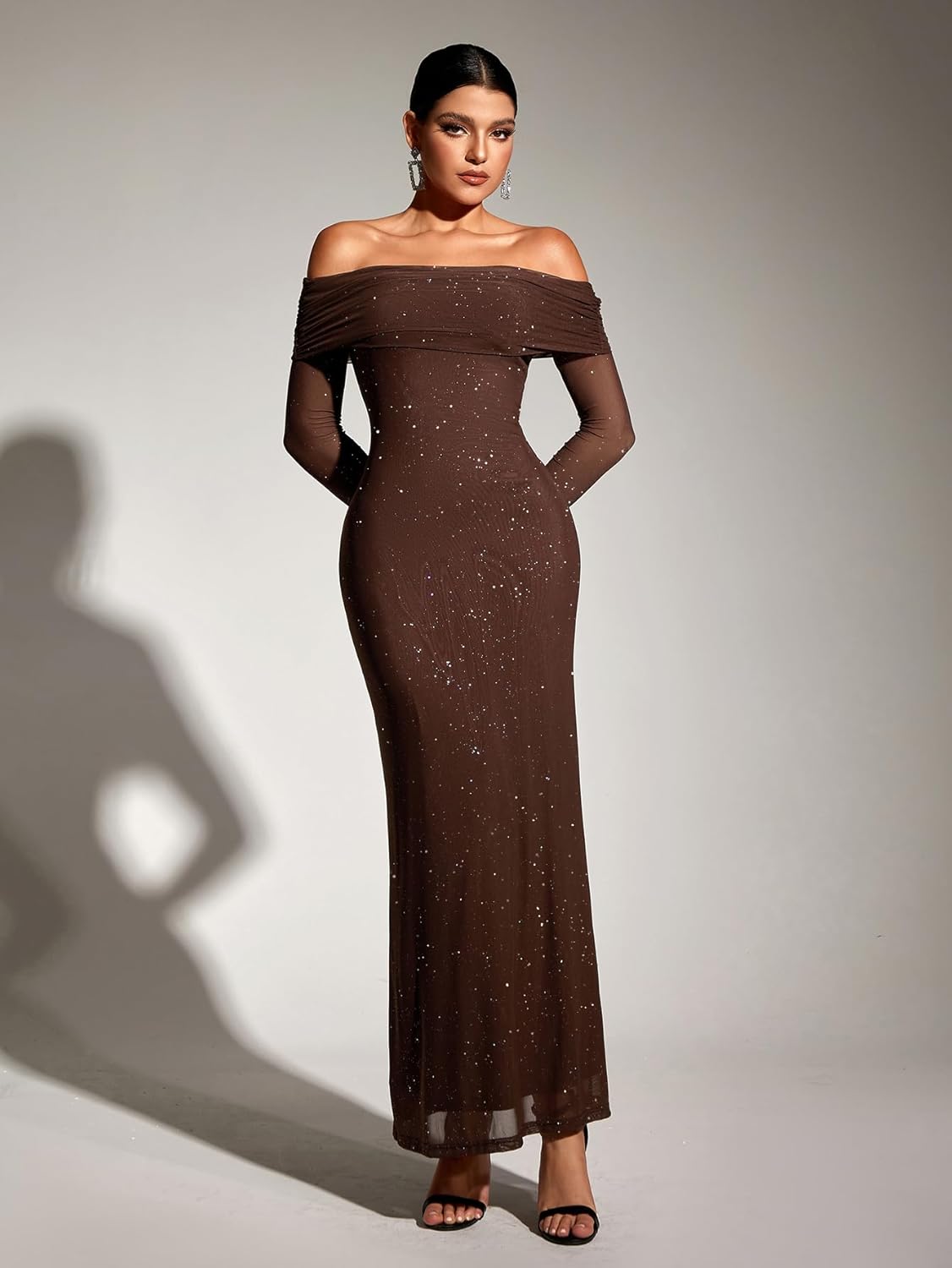 KUTUMAI Women Off Shoulder Bodycon Maxi Dress Long Sleeve Mesh Ruched Party Formal Wedding Guest Dresses