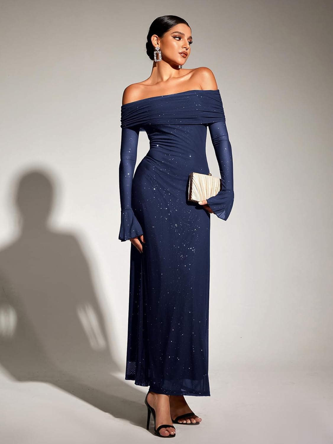 KUTUMAI Women Off Shoulder Bodycon Maxi Dress Long Sleeve Mesh Ruched Party Formal Wedding Guest Dresses