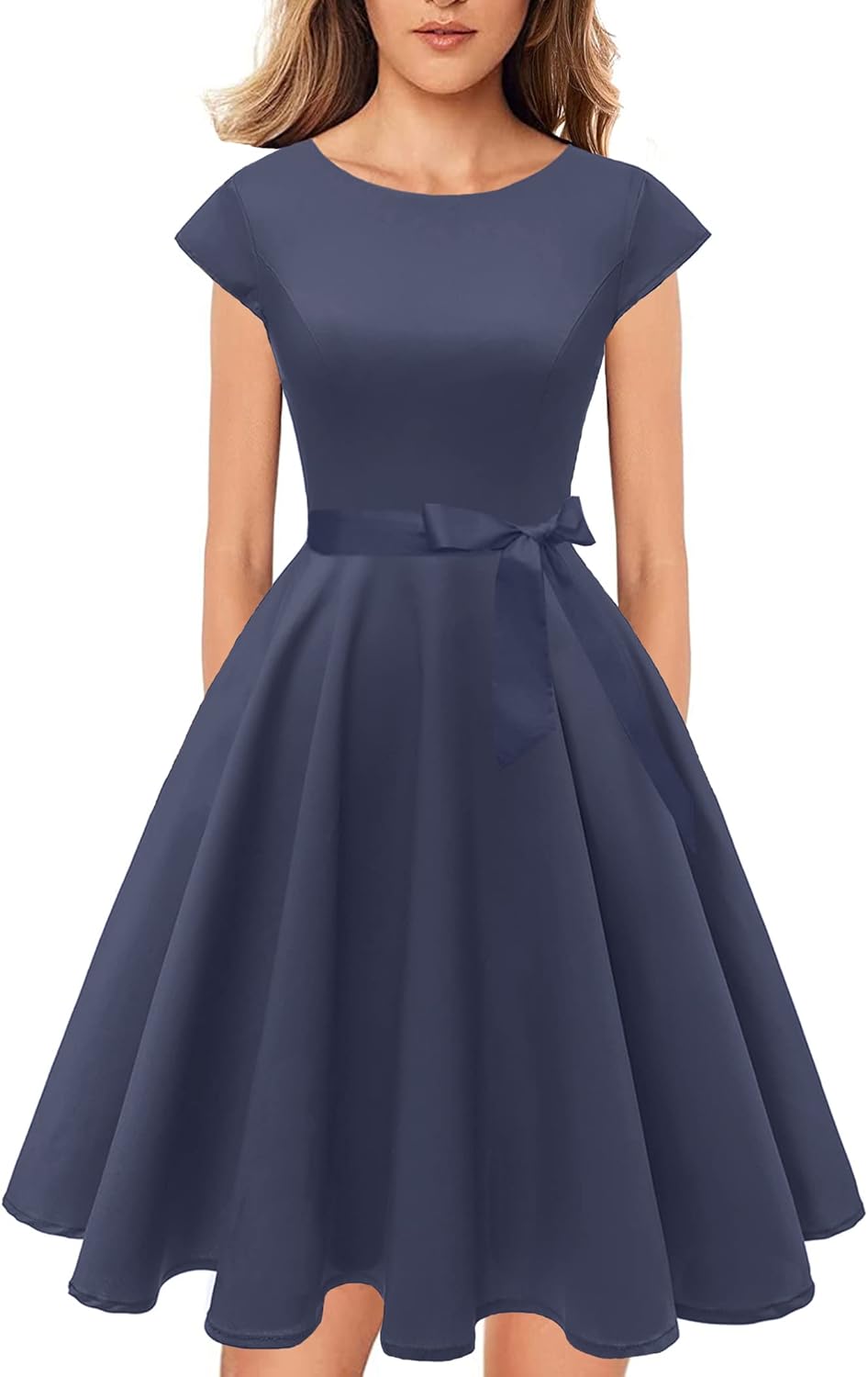 PUKAVT Women's 1950 Boatneck Cap Sleeve Vintage Swing Cocktail Party Dress with Pockets