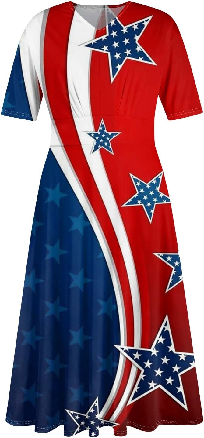 Women's Patriotic Star Print Midi Short Sleeve V-Neck Casual A-Line Dress for Summer Parties & Events