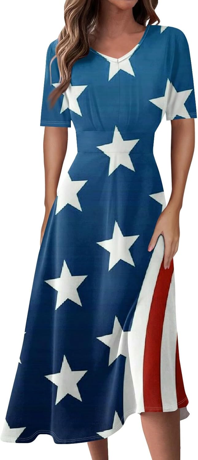 Women's Patriotic Star Print Midi Short Sleeve V-Neck Casual A-Line Dress for Summer Parties & Events