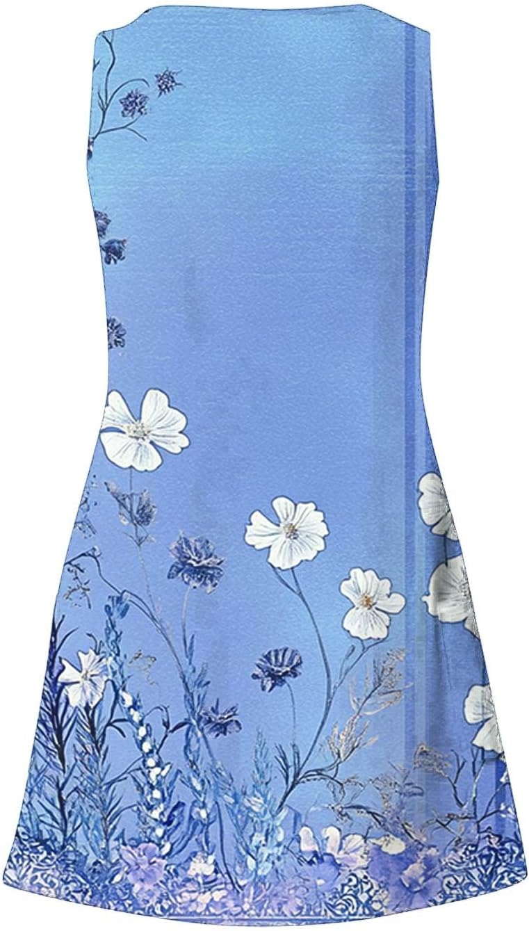 Womens 2025 Spring Summer Dresses Casual Floral Print V-Neck Tank Dress Curve Hem Pleated A-Line Sundresses
