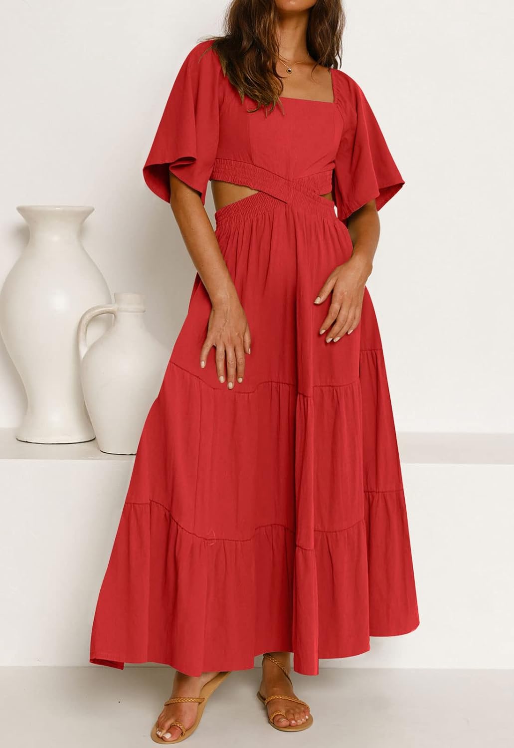 LEANI Women's 2025 Summer Cutout Maxi Dress Square Neck Short Sleeve Crossover Waist Casual Party Dresses