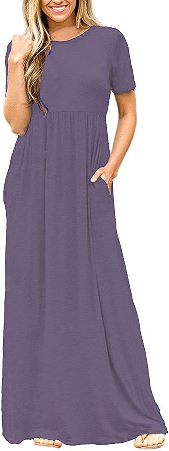 DEARCASE Maxi Dress for Women Short Sleeve Casual Summer Loose Plain Comfy Long Dresses with Pockets