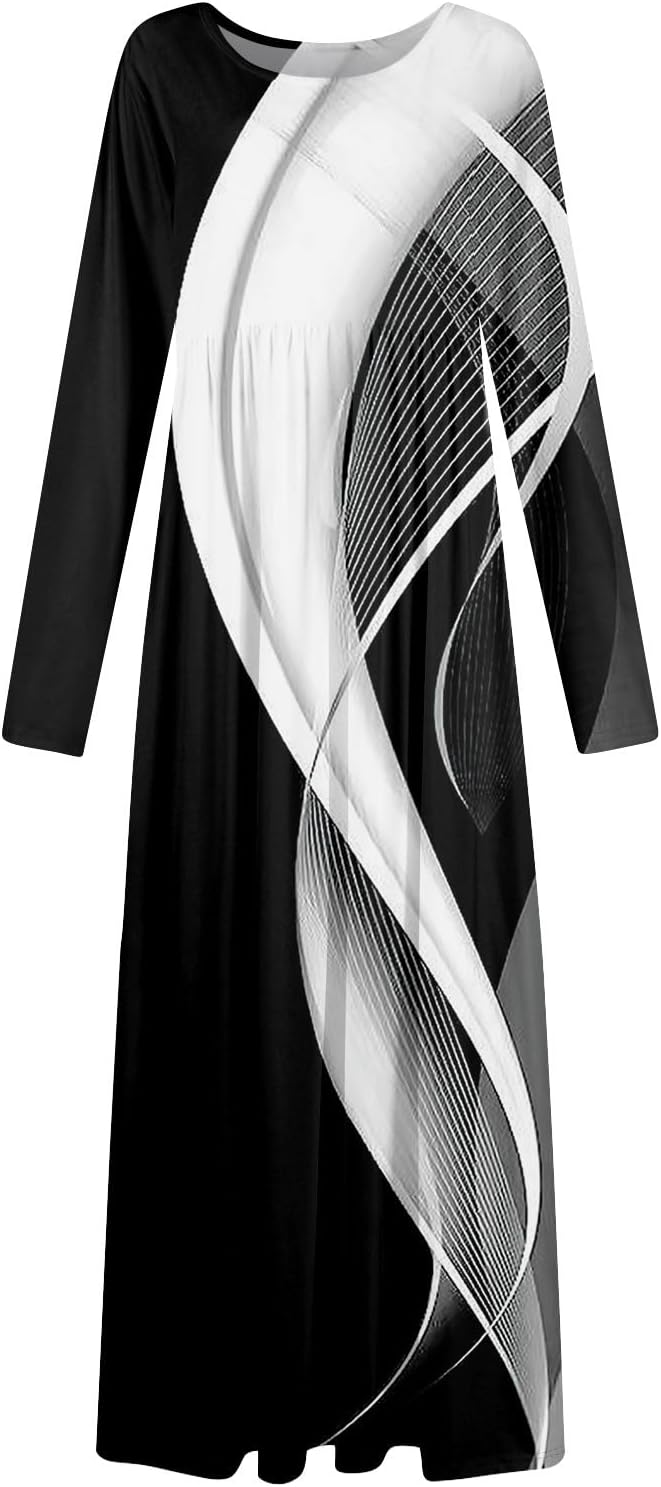 Long Sleeve Maxi Dress for Women Elegant Crew Neck Flowy Swing Dresses Solid Color Wedding Guest Dresses
