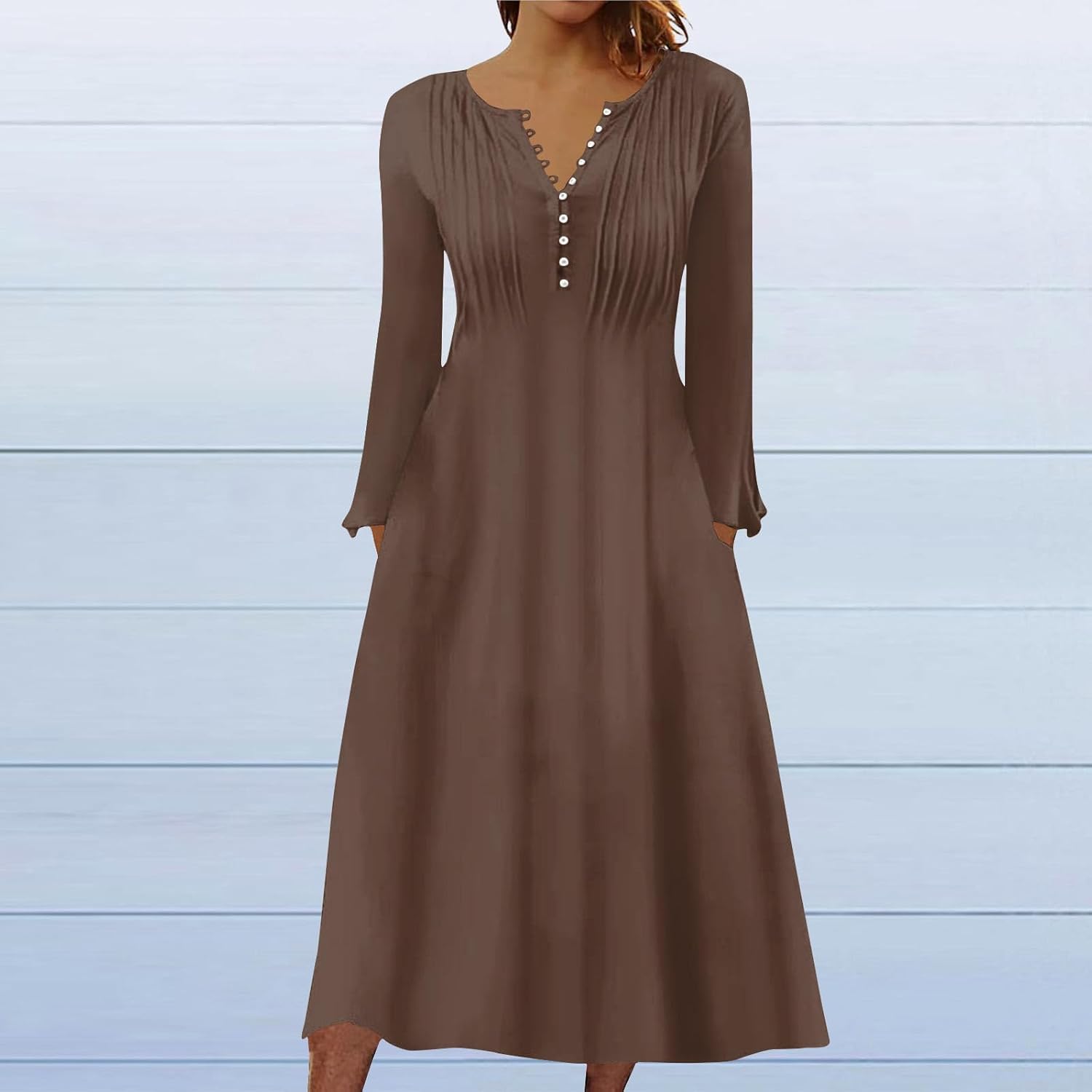 DOPOCQ Fall Women Dresses 2023 Long Sleeve V Neck Plus Size Maxi Dress Boho Dress High Waisted A-Line Dress with Pocket
