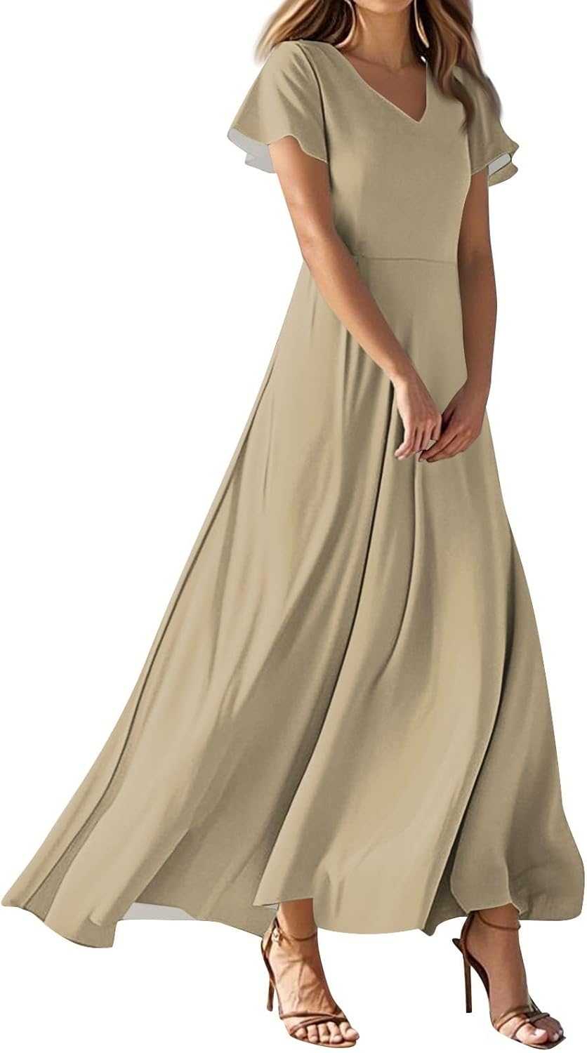 Womens Fashion V Neck Ruffle Short Sleeve Maxi Dress 2025 Summer Elegant Solid Color Flowy A Line Dresses