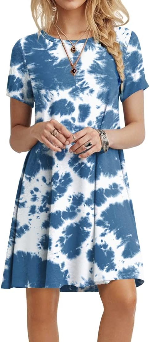 POPYOUNG 2025 Women's Summer Casual T-Shirt Dresses Crew Neck Beach Cover Up Sun Dress