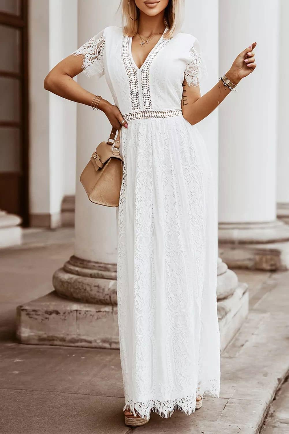 MEROKEETY Women's V Neck Short Sleeve Floral Lace Wedding Dress Bridesmaid Cocktail Party Maxi Dress