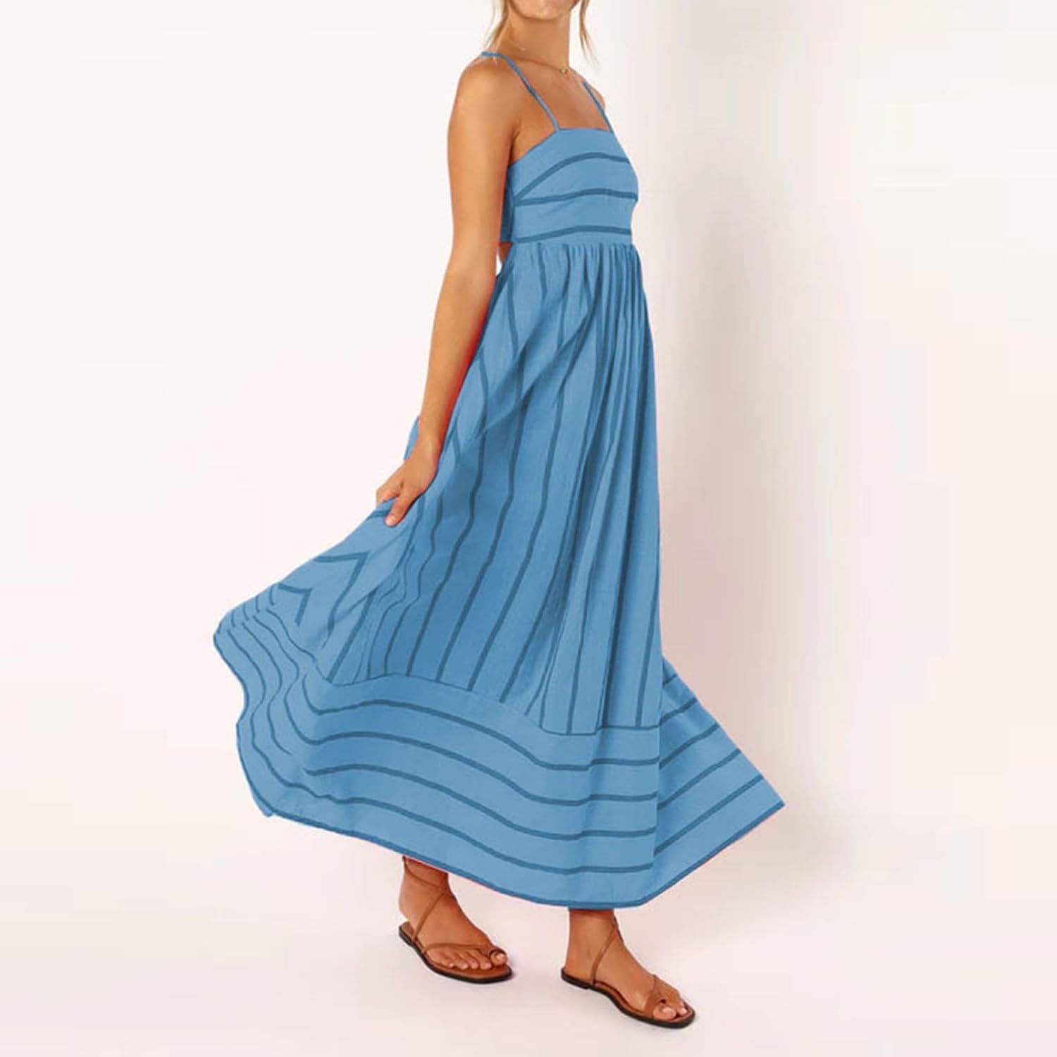 Beach Dresses for Women Summer Striped Back Smocked Maxi Dress Spaghetti Strap Cut Out Flowy A Line Long Sundresses